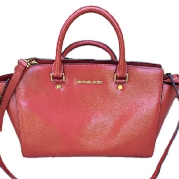 Michael Kors Dual Strap Large Red Leather Selma Patent Satchel Shoulder Hand Bag - Picture 1 of 13
